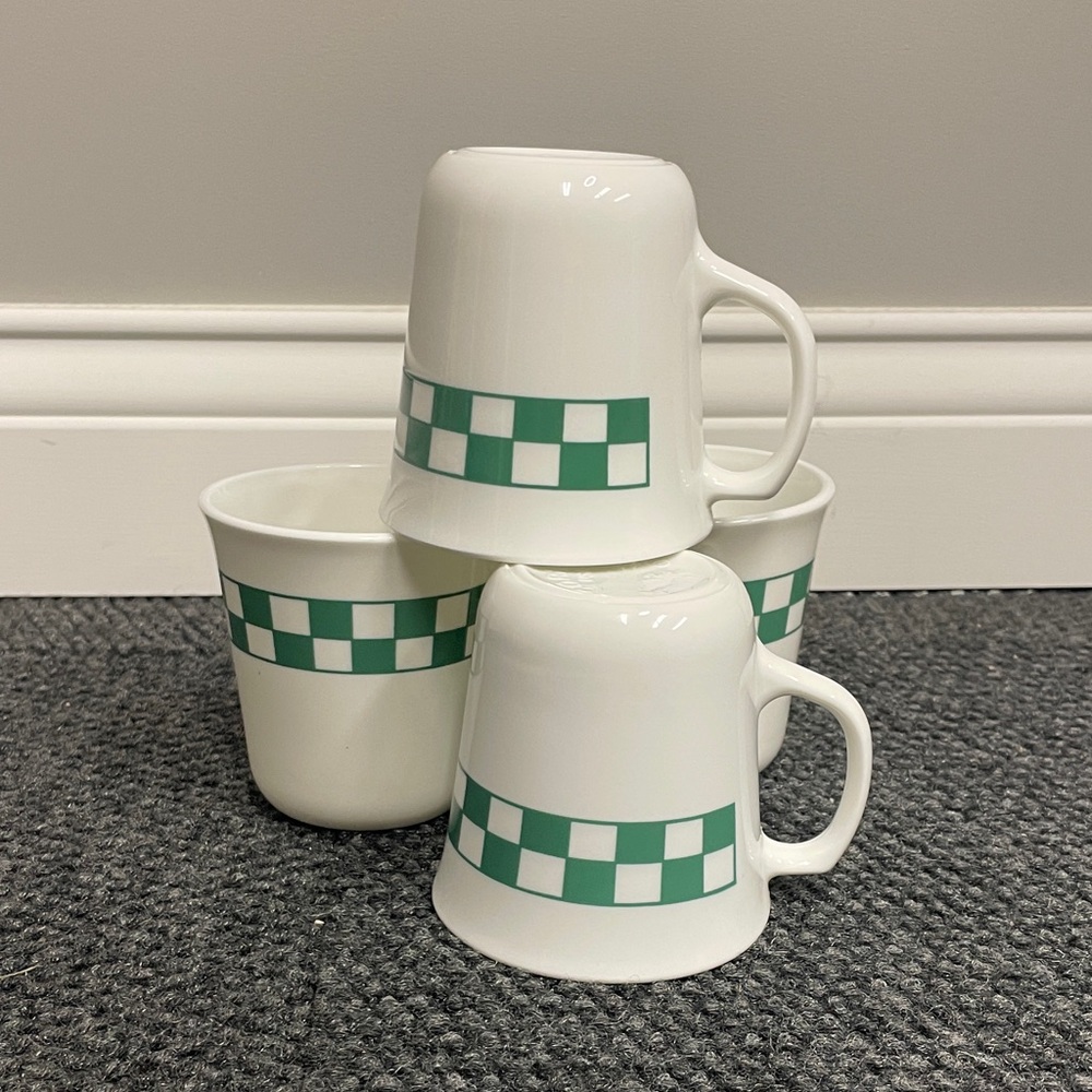 Corningware Vintage  White Green Checkerboard Coffee‎ Tea Mugs Ceramic Lot of 3